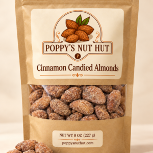 Poppys Nut Hut cinnamon candied almonds in an 8 oz kraft window pouch