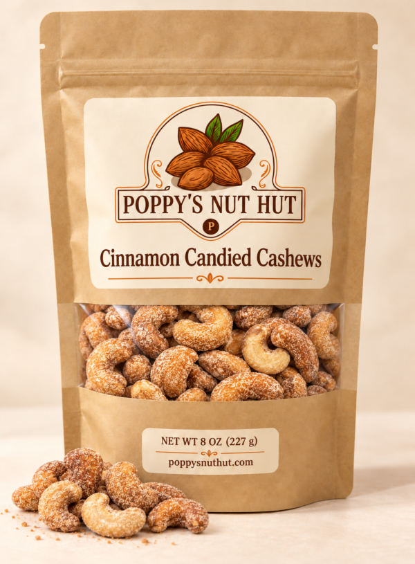 Poppys Cinnamon Candied cashews 8 oz packaging mockup Poppys Nut Hut cinnamon candied cashews in an 8 oz kraft window pouch