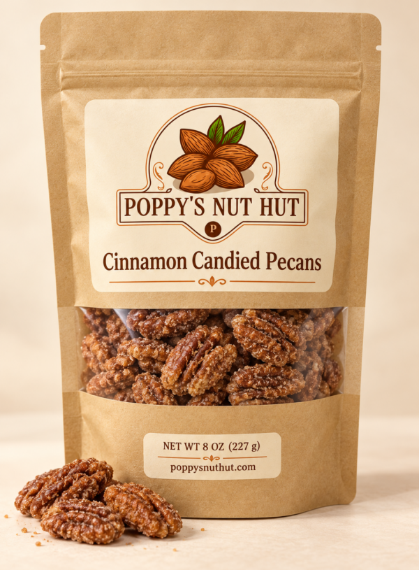 Poppys Nut Hut cinnamon candied pecans in an 8 oz kraft window pouch